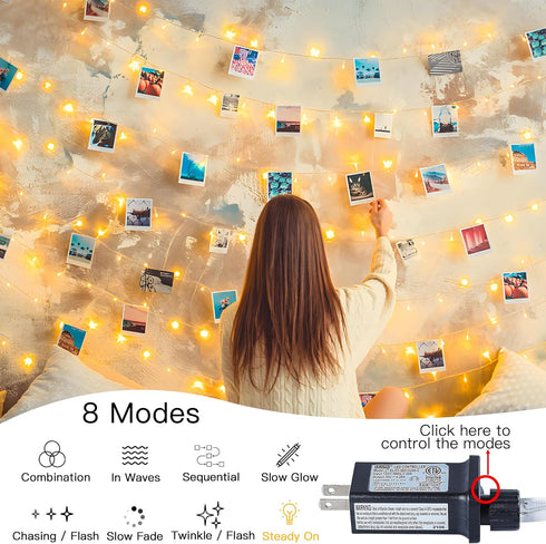 33FT 100 8 String Lights Indoor Bedroom, LED Fairy String Lights Outdoor Waterproof, Modes Memory Twinkle Christmas