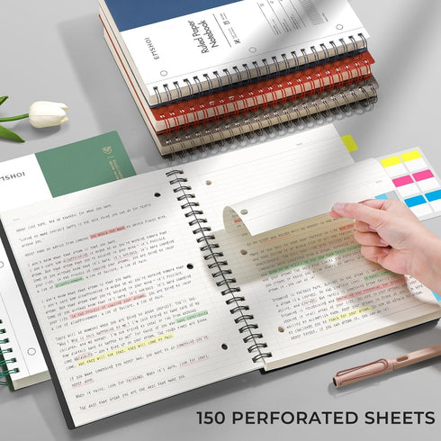 EMSHOI A4 Spiral Notebook, College Ruled, 300 Pages/150 Easy Tear Perforated Sheets, 3-Hole Punched, 100gsm Thick