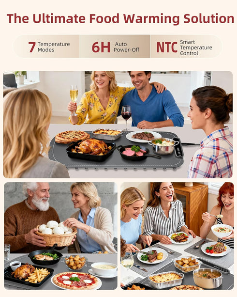 7 8 Warming Mat for Food, Upgraded Fast-Heating Electric Warming Tray with Temp Levels & Timers, Buffet Raised Feet
