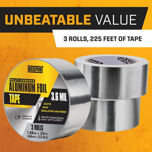 Lockport Aluminum Foil Tape, 2" x 225 ft, 3 Pack, HVAC Duct Sealing, Heat Insulation Tape & Ductwork Repairs