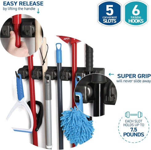 Mop and Broom Holder Wall Mount, Garage Storage Organizer with 5 Slots, 6 Hooks, 7.5lbs Capacity Per Slot, Black Broom