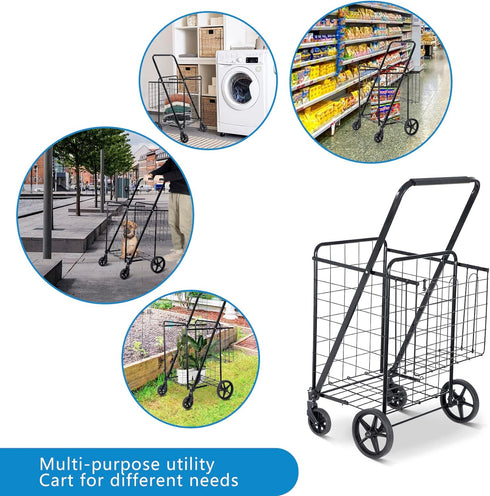Compact Folding Grocery Cart with Dual Baskets - Black