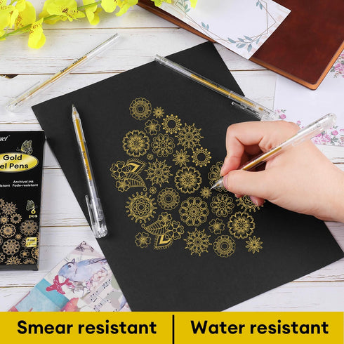 Dyvicl 6 Set Gold Gel Pens, 0.8 mm Fine Metallic Gold Pens for Black Paper Drawing, Sketching, Illustration, Journaling