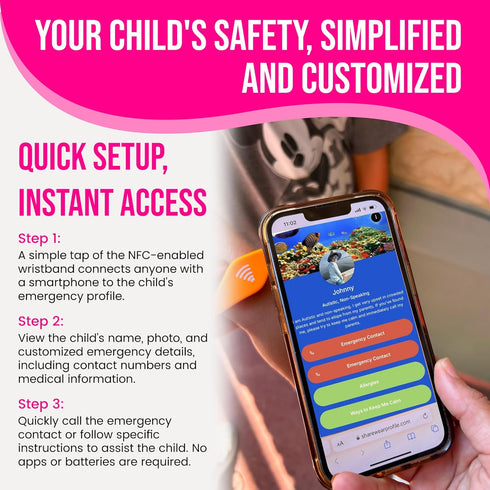 Sharewear Kids ID Bracelet Fitted NFC Safety Wristband, Slip-On Child ID Band for Emergency Contact Info, Waterproof