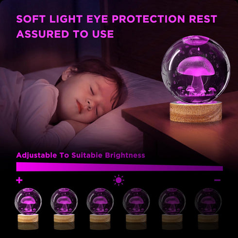 Oriamde 3D 3.15 inch 16 Mushroom Crystal Ball Night Light Glass Ball Lamp with Color Changing Wooden Base and Remote