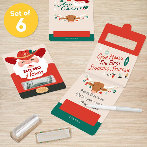 Set 6 Big Dot of Happiness Christmas Cowboy Money Holders for Cash, DIY Assorted Western Santa Party Cash Holder Gift