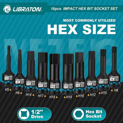 Set, 1/2" S2 10PCS H5-H19) LIBRATON Impact Hex Bit Socket Dr, Steel, High Torque Sockets(Metric for Professional
