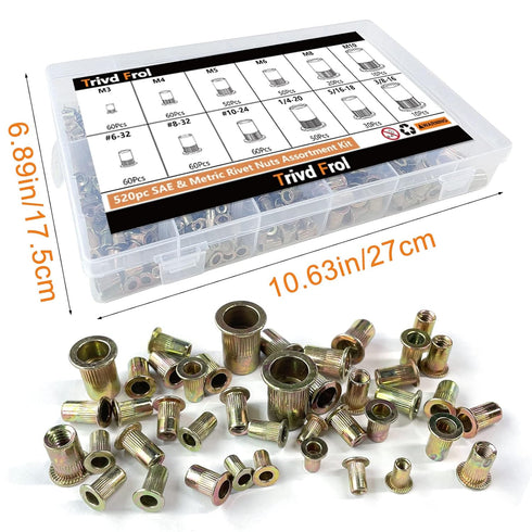 Trivd Frol 520pcs 6-32 8-32 10-24 1/4"-20 5/16"-18 3/8"-16 M3 M4 M5 M6 M8 M10 Rivet Nut Tool Kit, SAE & Metric Rivet
