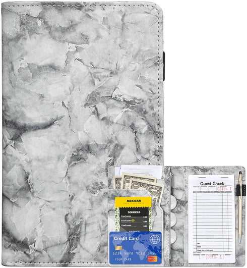Server Books for Waitress - Marble Texture Leather Wallet with Zipper Pocket, Cute Organizer with Money Pocket