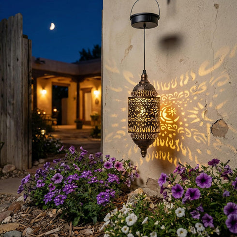 Hapjoy 1) Moroccan Hanging Solar Lights Outdoor Garden Decor Sun and Moon Decorations Solar Lantern Waterproof