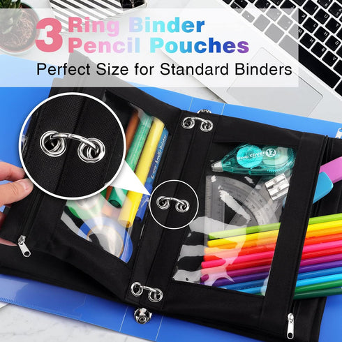 Tamaki Pencil Pouch for 3 Ring Binder, Clear Window Pencil Case, 3 Pack, Black