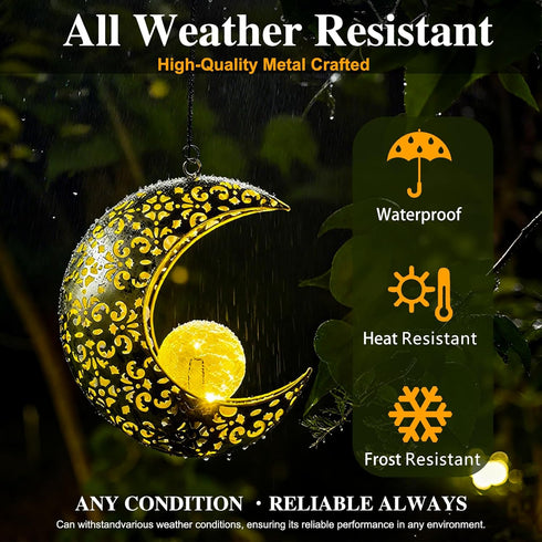 Solar Garden Hanging Moon Lights Outdoor Decor,Metal Lanterns Art Decorations for Outside Yard Lawn Patio Wall Fences