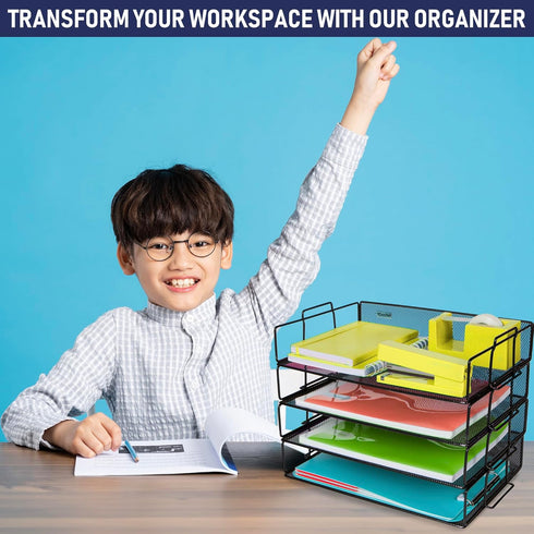 Stackable Paper Tray Desk Organizer - 4-Tier Metal Mesh Letter Organizers for Business, Home, School, Multi-Functional