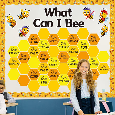 Bee Bulletin Board Decorations - Bee Theme Cutouts Set with Honeycombs and Stickers for Birthday Party Decor