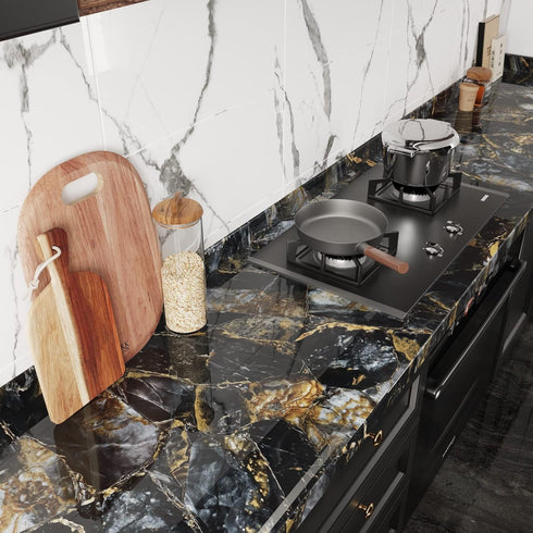 CRE8TIVE Glossy Slate Gold Marble Contact Paper, Peel and Stick Waterproof Vinyl for Kitchen Countertops, 12"x80"