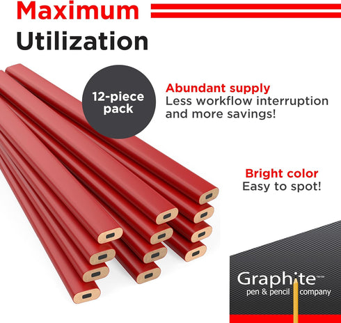 GRAPHITE Hard Lead Carpenter Pencils Bulk - Pack of 12 Pieces, Lumber Wooden Pencil #2 (HB), Red