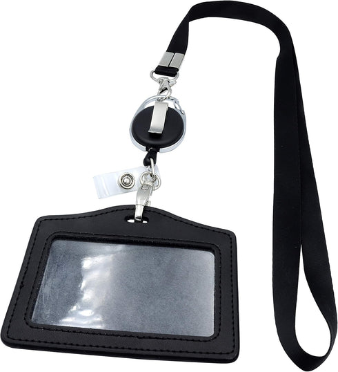 ID Card Case + Lanyard + Badge Holder, Retractable Reel Carabiner, Genuine Leather Horizontal Black