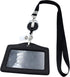 ID Card Case + Lanyard + Badge Holder, Retractable Reel Carabiner, Genuine Leather Horizontal Black