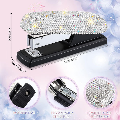Bling Crystal Stapler Gift Sparkly Diamond Stapler for Desk Handmade Clay Rhinestone Machine Cute Stapler Pretty Office Stationery Kit Stylish Accessory for Girl Women Lady Christmas (Silver) by Yexiya