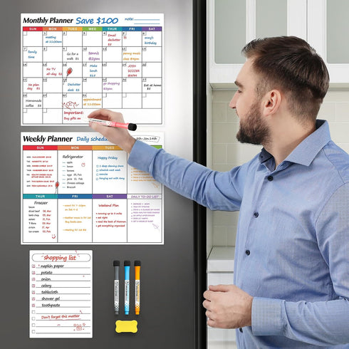 Dry Erase Magnetic Calendar for Refrigerator, 3 Pack - Monthly, Weekly, Daily Planner Magnet Whiteboard, 14"x11"