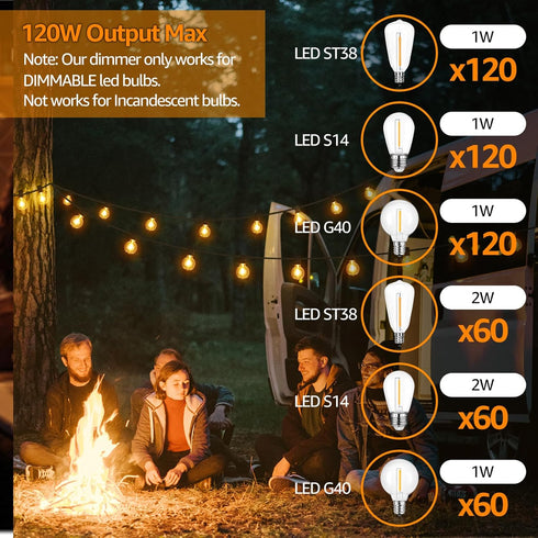120W Dimmer 4 3 S14/ST38/G40 Larkvue Outdoor for String Lights with Remote, Brightness, Modes, Timer & Memory Function
