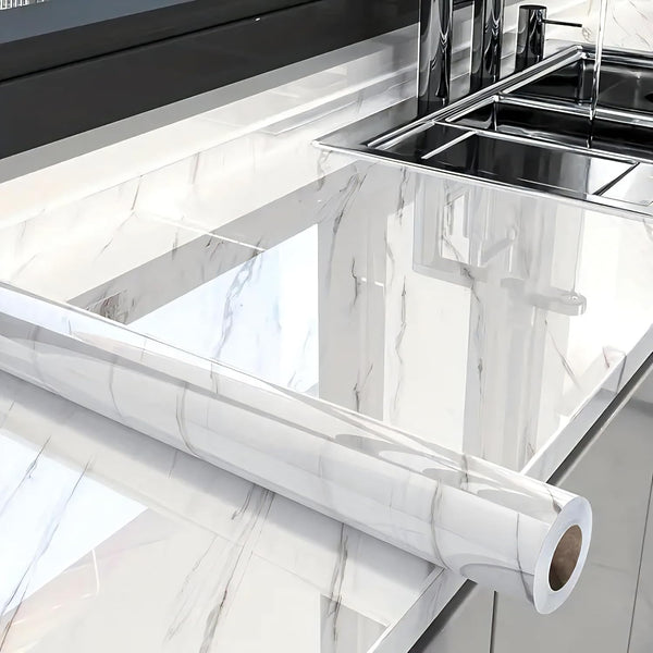 Glossy Marble Contact Paper, White Peel and Stick Wallpaper for Cabinets, 15.7 x78.7 Waterproof Vinyl
