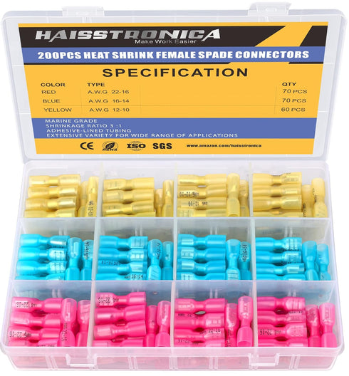haisstronica 200PCS Heat Shrink Female Spade Connectors, 22-10 Gauge Electrical Spade Wire Connectors, Quick Disconnect