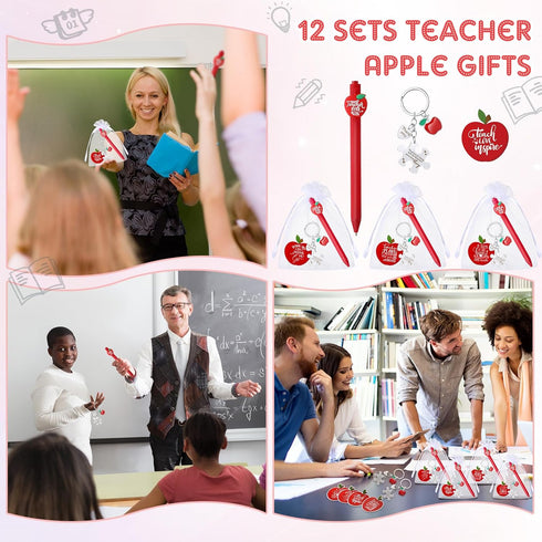 Teacher Appreciation Gifts, Apple Ballpoint Pens, Puzzle Apple Keychain with Card and Gift Bags for Teacher Gifts