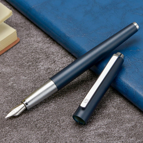 HongDian 525 Dark Blue Fountain Pen, Extra Fine Nib Classic Pen with Metal Case and Refillable Converter