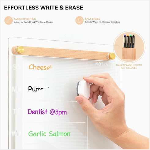 Clear Glass Weekly Dry Erase Calendar Whiteboard, 15x11" Menu & Meal Planner for Home Kitchen, Wood Marker Holder and 4