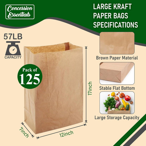 Concession Essentials 12x7x17 inches, 57lb 125 Count Paper Grocery Bags, Kraft Brown