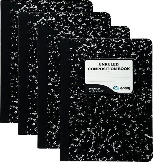Emraw Black Marble Composition Book, Unruled Paper, 100 Sheets, Hard Covers, Pack of 4, Office Diary