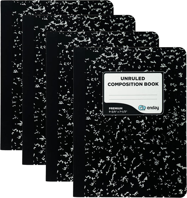 Emraw Black Marble Composition Book, Unruled Paper, 100 Sheets, Hard Covers, Pack of 4, Office Diary
