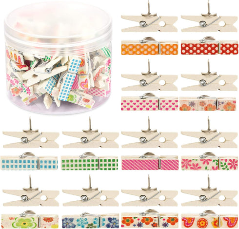 Whaline Push Pins with Colorful Wooden Clips, 50 Pack Decorative Craft Paper Clips