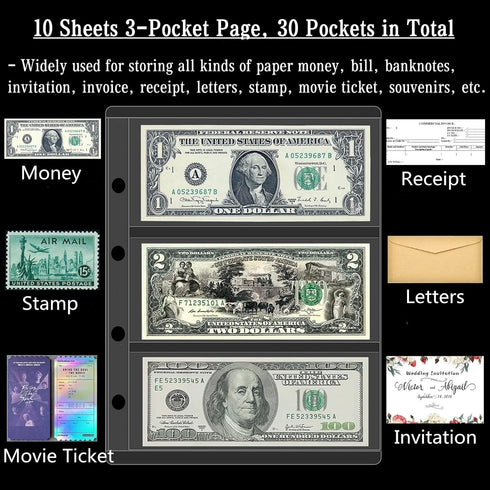 Ettonsun 10 Sheets 30 Pockets Paper Money Collection Pages, Currency Sleeves for Travel Bill Banknote Stamp Storage