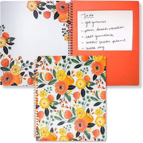 Steel Mill & Co Large Spiral Notebook, College Ruled, 11" x 9.5", Durable Hardcover, 160 Lined Pages, Orange Floral