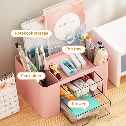 Marbrasse Pen Organizer with 2 Drawers, Multi-Functional Pencil Holder for Desk, 5 Compartments + Drawer for Office