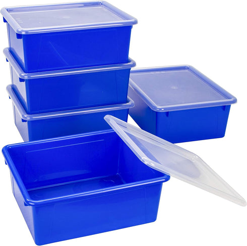 Storex Letter Size Deep Storage Tray, Organizer Bin with Non-Snap Lid, Blue, 5-Pack