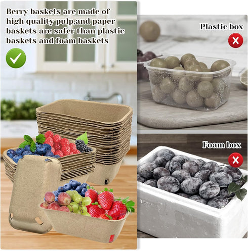30 Pack Rainmae Natural Pulp Fiber Large Berry Basket for Picking Fruit, Molded Berry Basket for Blueberry Raspberry