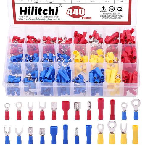 Hilitchi 440Pcs 22-16/16-14/12-10 Gauge Electrical Insulated Ring Bullet Butt Spade Fork Splice Crimp Wire Terminals