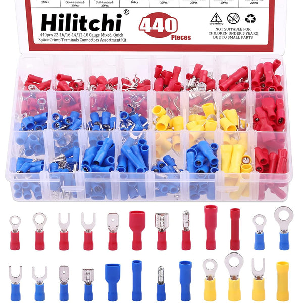 Hilitchi 440Pcs 22-16/16-14/12-10 Gauge Electrical Insulated Ring Bullet Butt Spade Fork Splice Crimp Wire Terminals