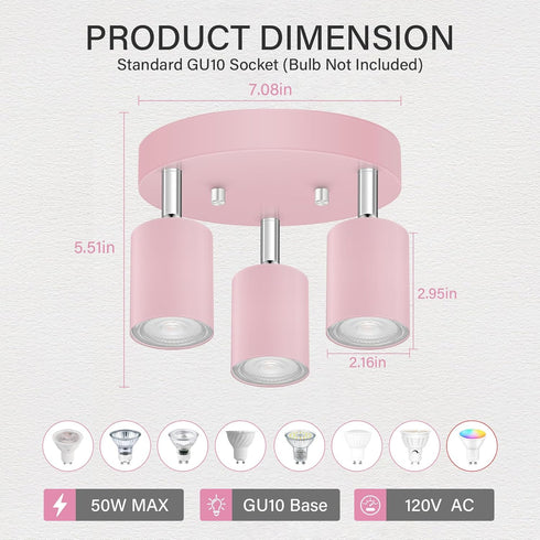 3 GU10 Bulb Light Track Lighting Fixtures Ceiling, Pink Round Directional Spotlight Fixtures, Flush Mount Ceiling