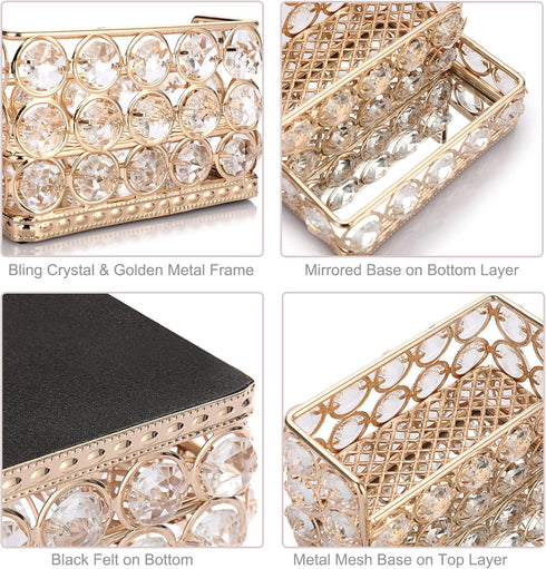Hipiwe 2 Tiers Crystal Business Card Holder Stand, Gold Mirrored Display Stand for Office Countertop