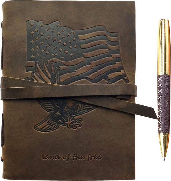 Leather Bound Journal Gift Set with USA Flag & Eagle, Handmade Vintage Notebook with Pen, A5 (300 Pages)