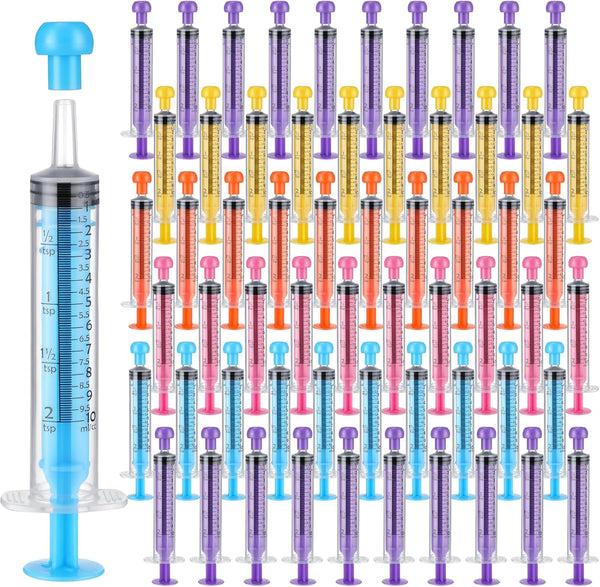 TrelaCo 100 Pieces Plastic Syringe for Liquid with Caps, Colorful Measuring Syringe Tools, 10 ml, Individually Sealed