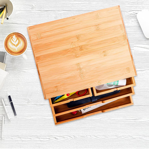 DEAYOU Bamboo Desk Organizer, 4 Drawer Storage Cabinet Box for Home Office Supplies