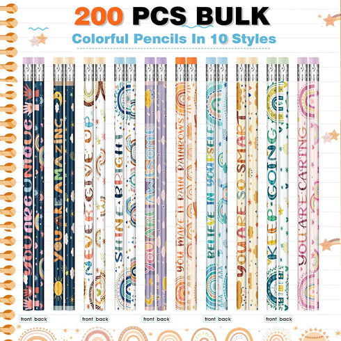 Funrous Boho Rainbow Inspirational Pencils, 200 Pieces Graphite Pencils with Eraser, Motivational Pencils for Students, Affirmation Pencils with Sayings, Bulk Gift for School Kids, Teacher by Funrous