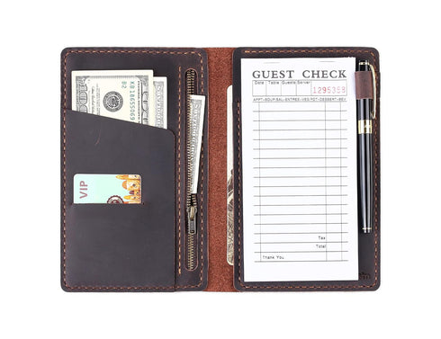 Server Book Organizer with Zipper Pocket, Genuine Leather Restaurant Guest Check Presenters