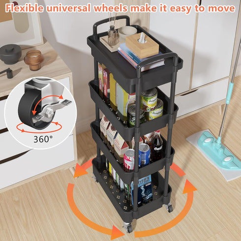 Calmootey 4-Tier Rolling Utility Cart with Drawer, Multifunctional Storage Organizer for Kitchen, Bathroom, Living