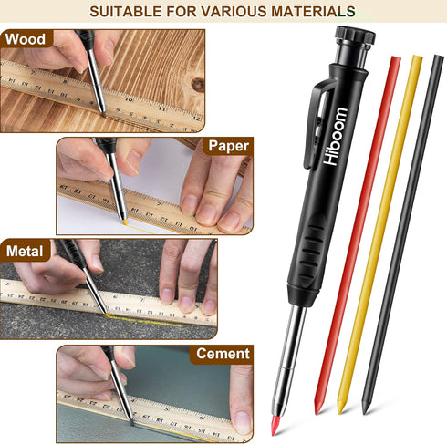 Hiboom 2 Pack Solid Carpenter Pencils with Pencil Cap and 18 Refills, Long Nose Mechanical Pencil Marker for Woodworking